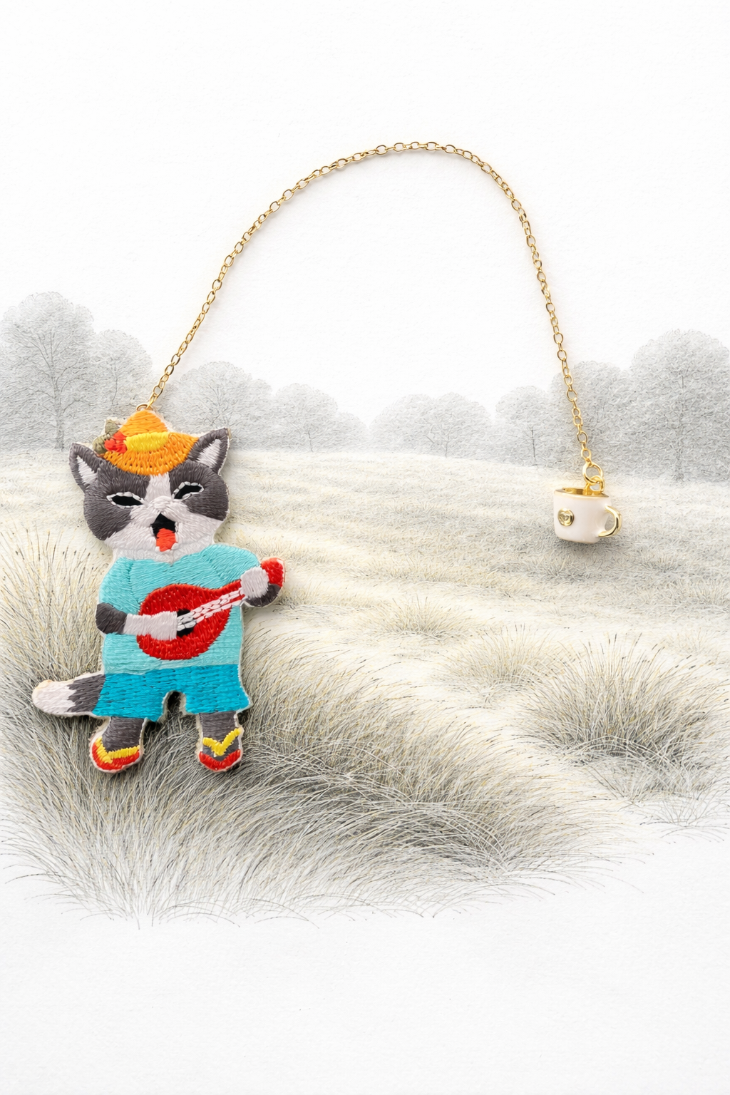 Embroidery Bookmark - Singing Cat